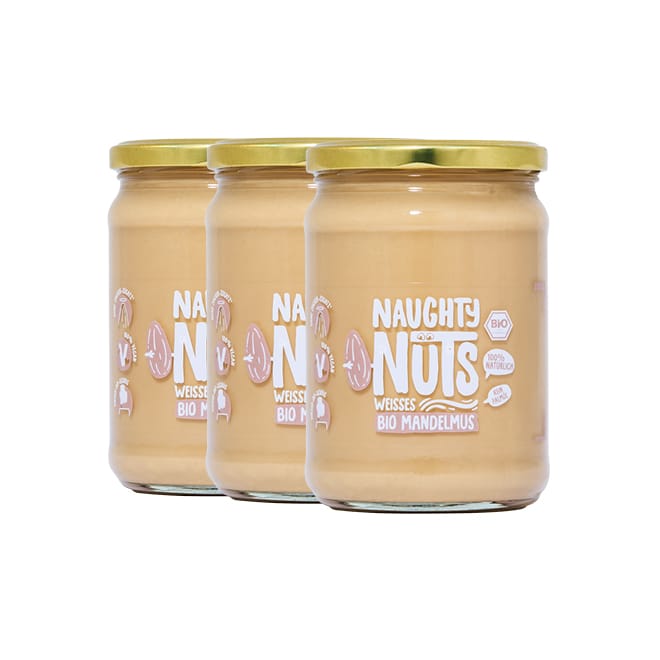 Drei Gläser Bio Weißes Mandelmus (500g Glas) mit goldenen Deckeln und Naughty Nuts Etikett