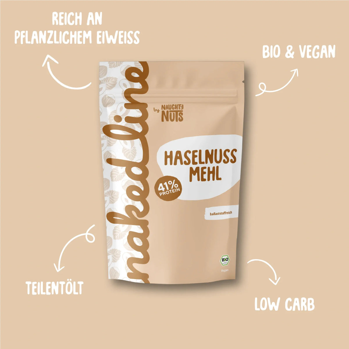 Beutel mit Haselnuss Mehl mit Angaben zu Proteingehalt Bio Qualität und Low Carb Eigenschaften