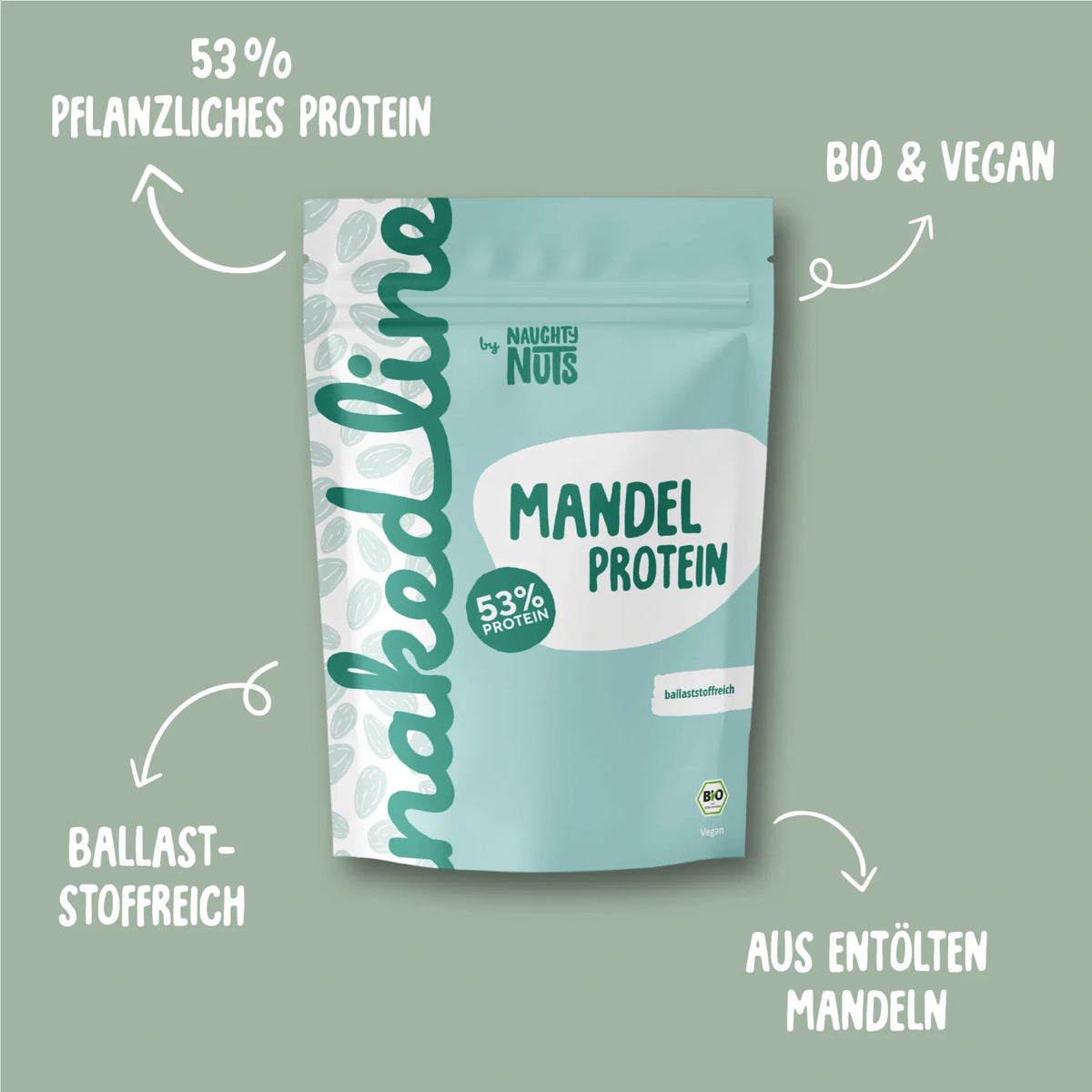 Mandel Protein Beutel mit Hinweisen zu 53 Prozent pflanzlichem Protein bio vegan und ballaststoffreich