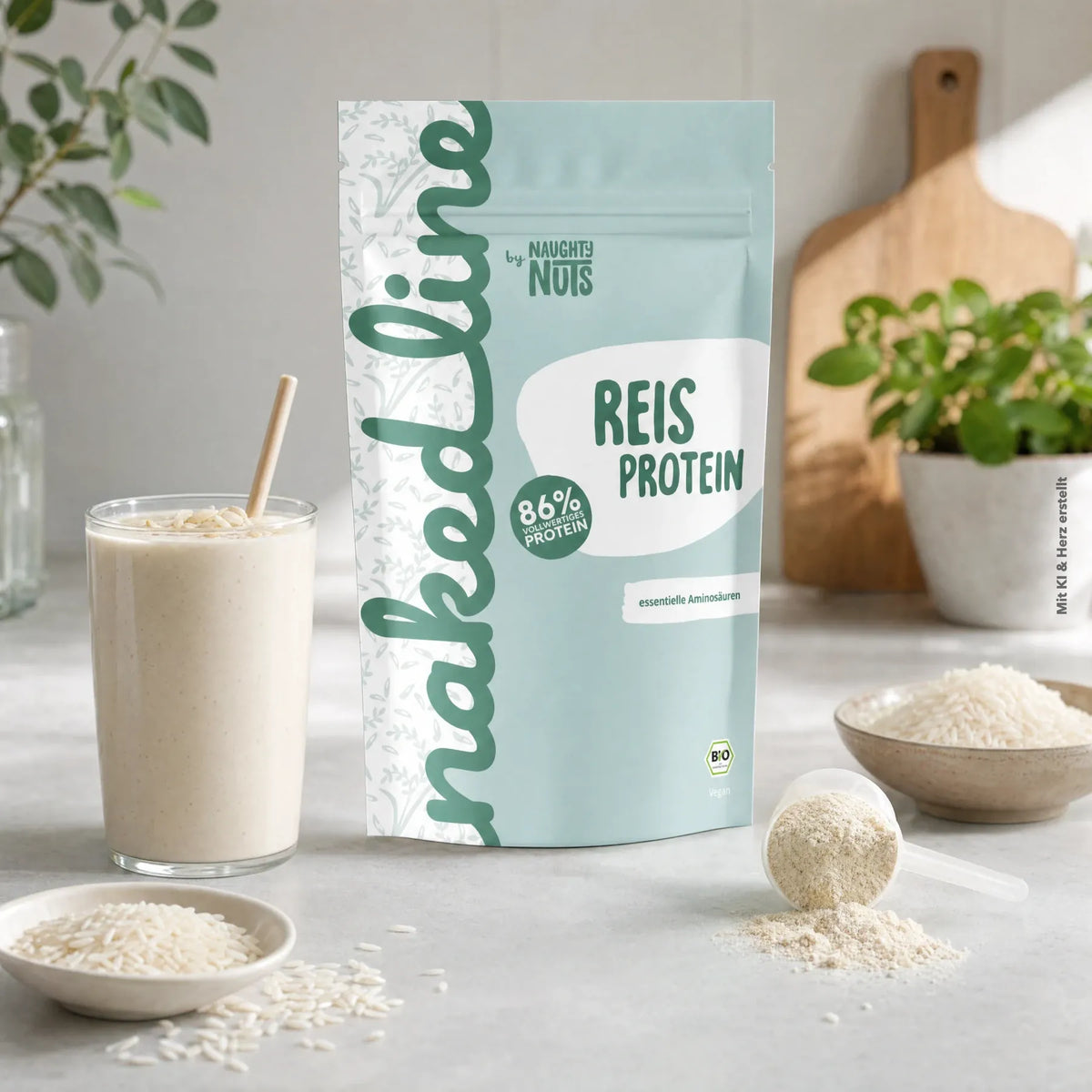 Nakedline Reis Protein Pulver in einer Standbodenbeutel Verpackung neben einem Glas Proteinshake und Reiskörnern