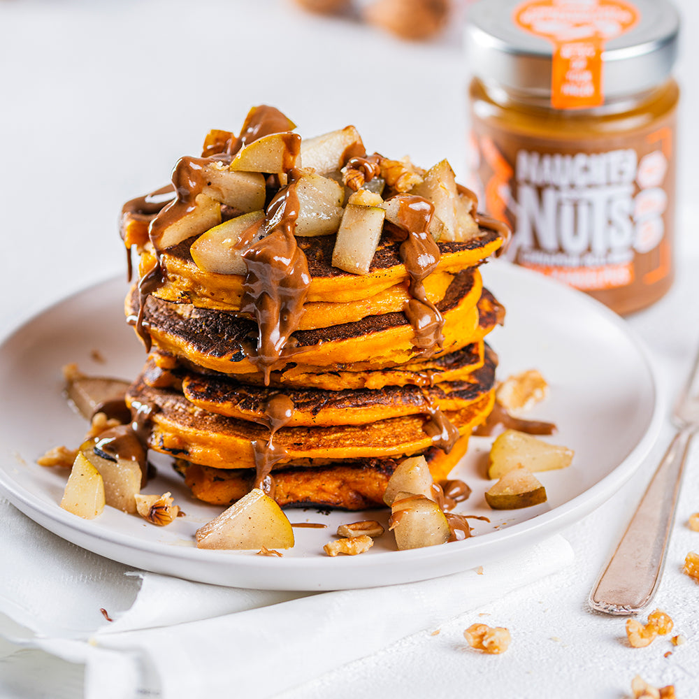 Kürbispancakes mit Birne, Walnüssen und Zimtmus