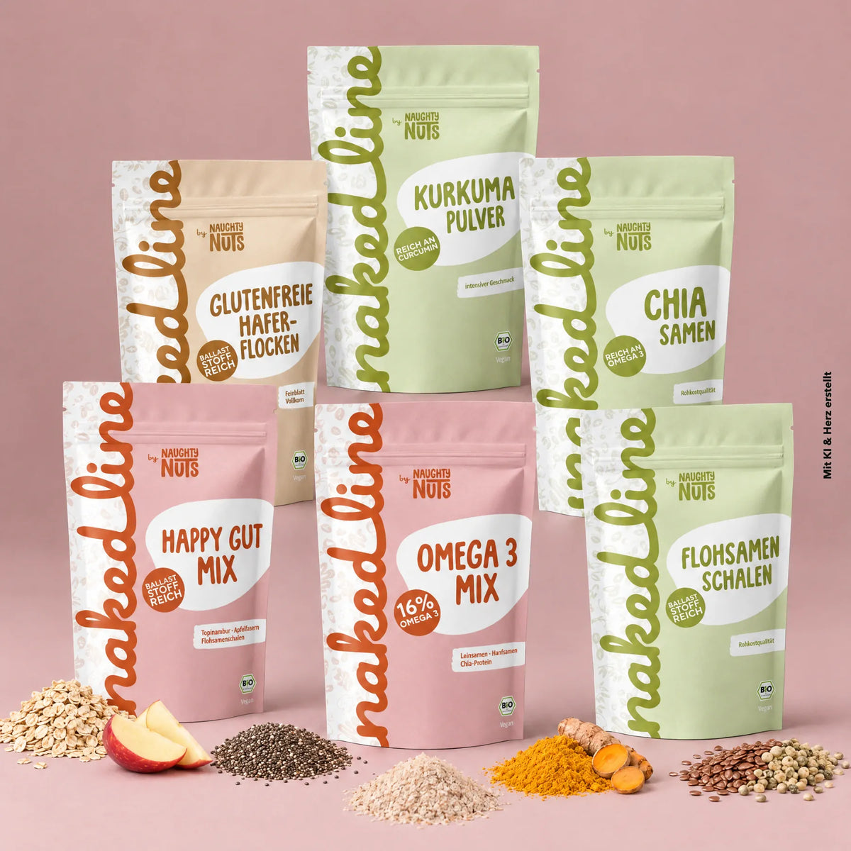 Good Gut Bundle der Naked Line mit Happy Gut Mix, Flohsamenschalen, Chia, Haferflocken, Kurkuma und Omega 3 Mix.