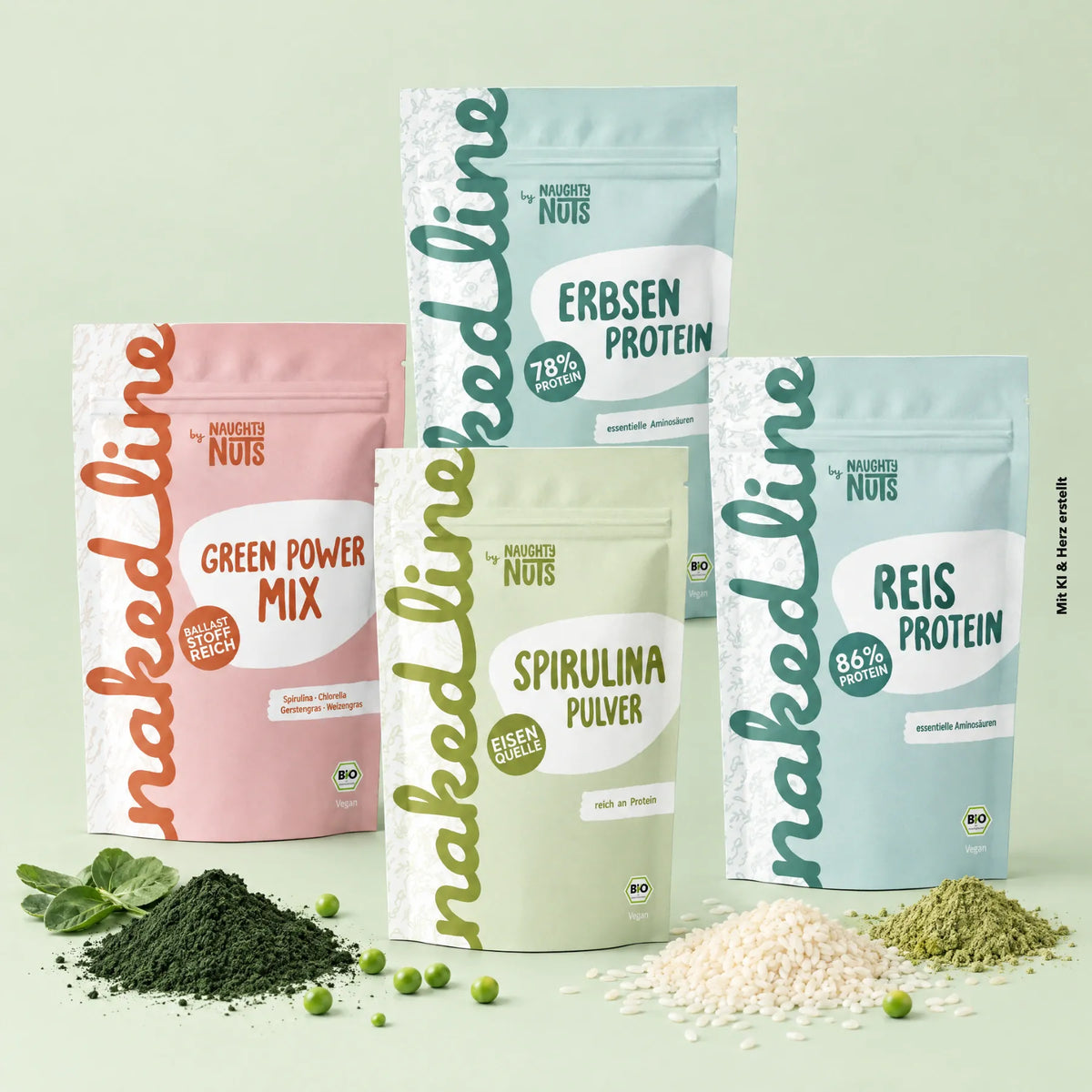 Green Energy Bundle der Naked Line mit Green Power Mix, Spirulina, Erbsenprotein und Reisprotein.
