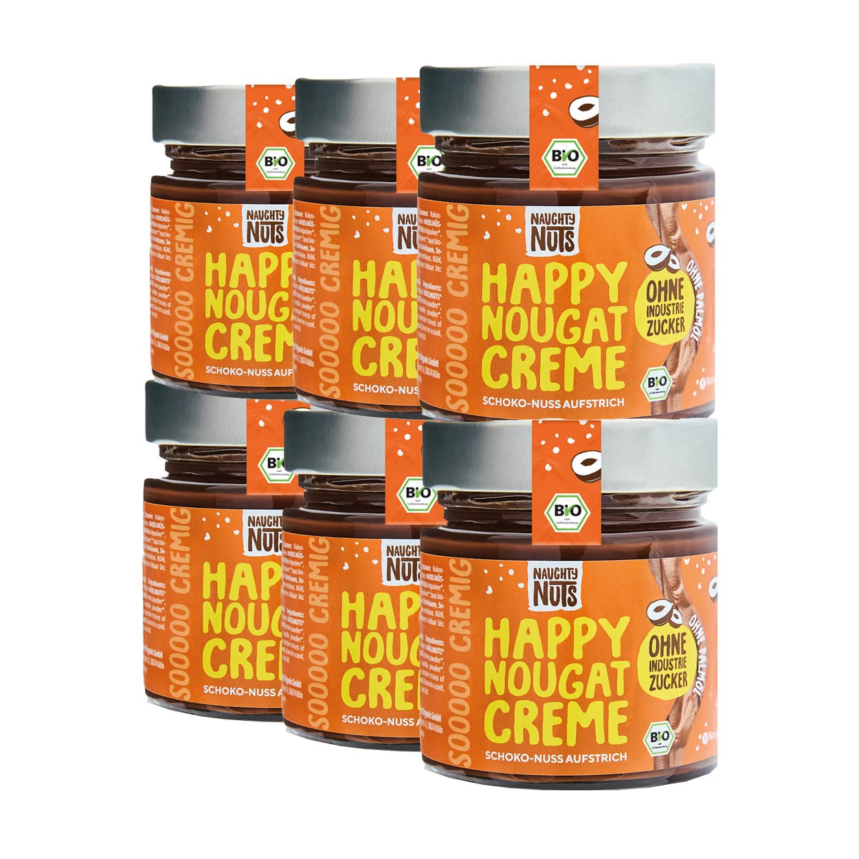 Sechs Gläser Happy Nougat Creme Schoko-Nuss Aufstrich mit Bio-Siegel und ohne Industriezucker
