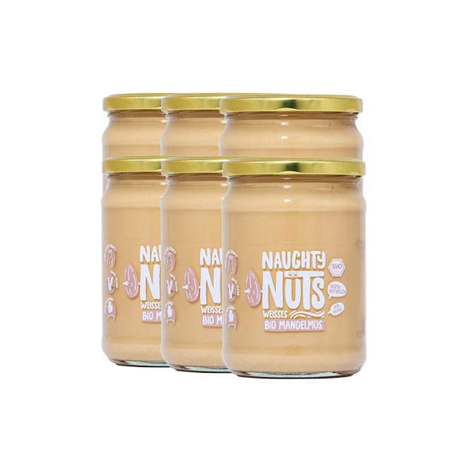 Sechs Gläser Bio Weißes Mandelmus (500g Glas) mit goldenen Deckeln und Naughty Nuts Etikett