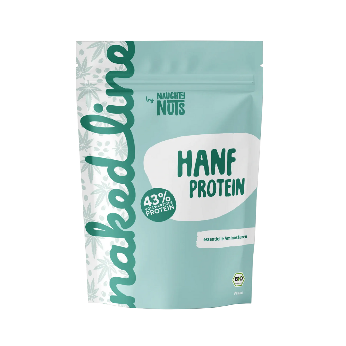 Hellblaue Standbodenbeutel Packung Hanf Protein mit 43 Prozent Proteingehalt und Bio Siegel
