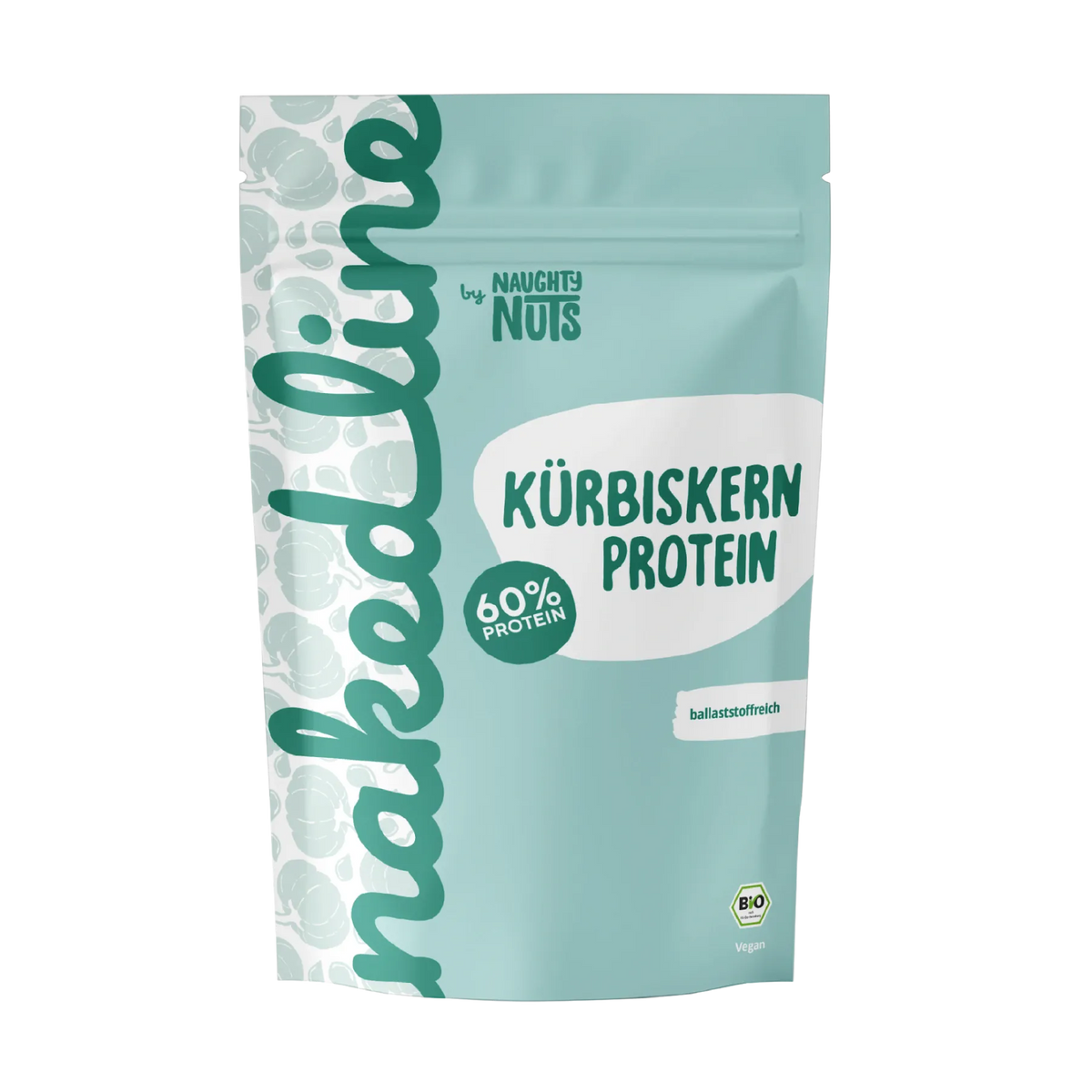 Hellblaue Standbodenbeutel Packung mit Kürbiskern Protein von Naughty Nuts