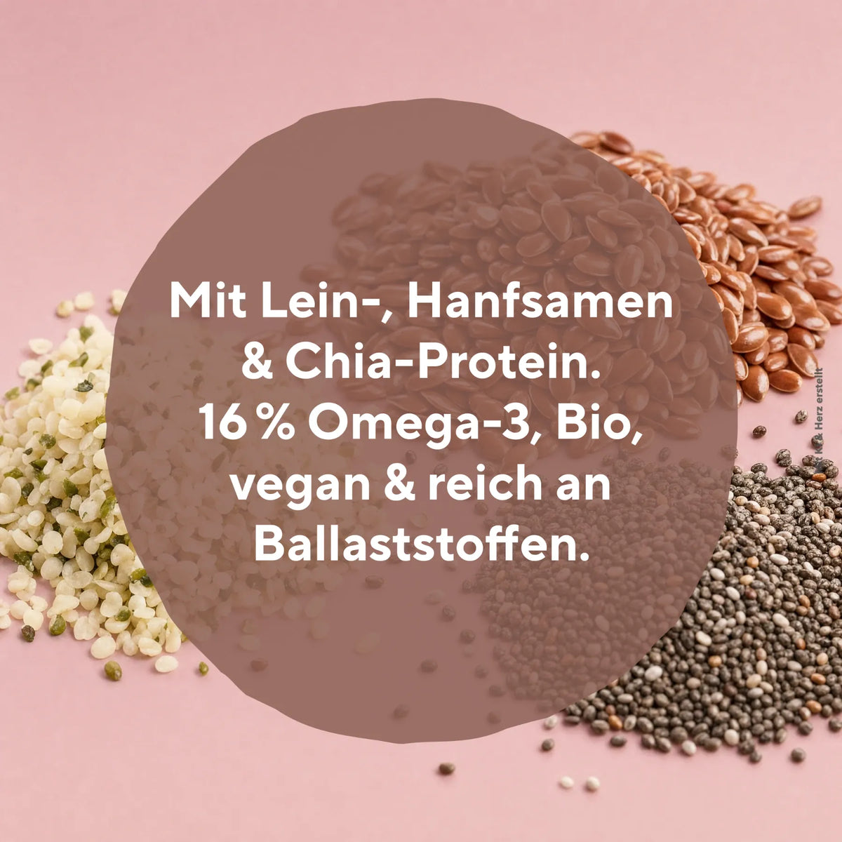 Leinsamen Hanfsamen und Chiasamen mit Text zu Omega-3 Gehalt Bio-Qualität vegan und Ballaststoffen