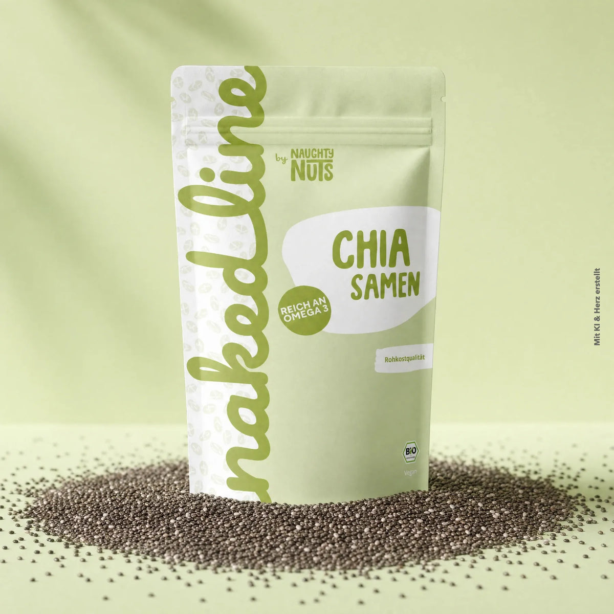 Verpackung von Naughty Nuts Chia Samen umgeben von einer Streuung aus Chia Samen auf hellgrünem Hintergrund