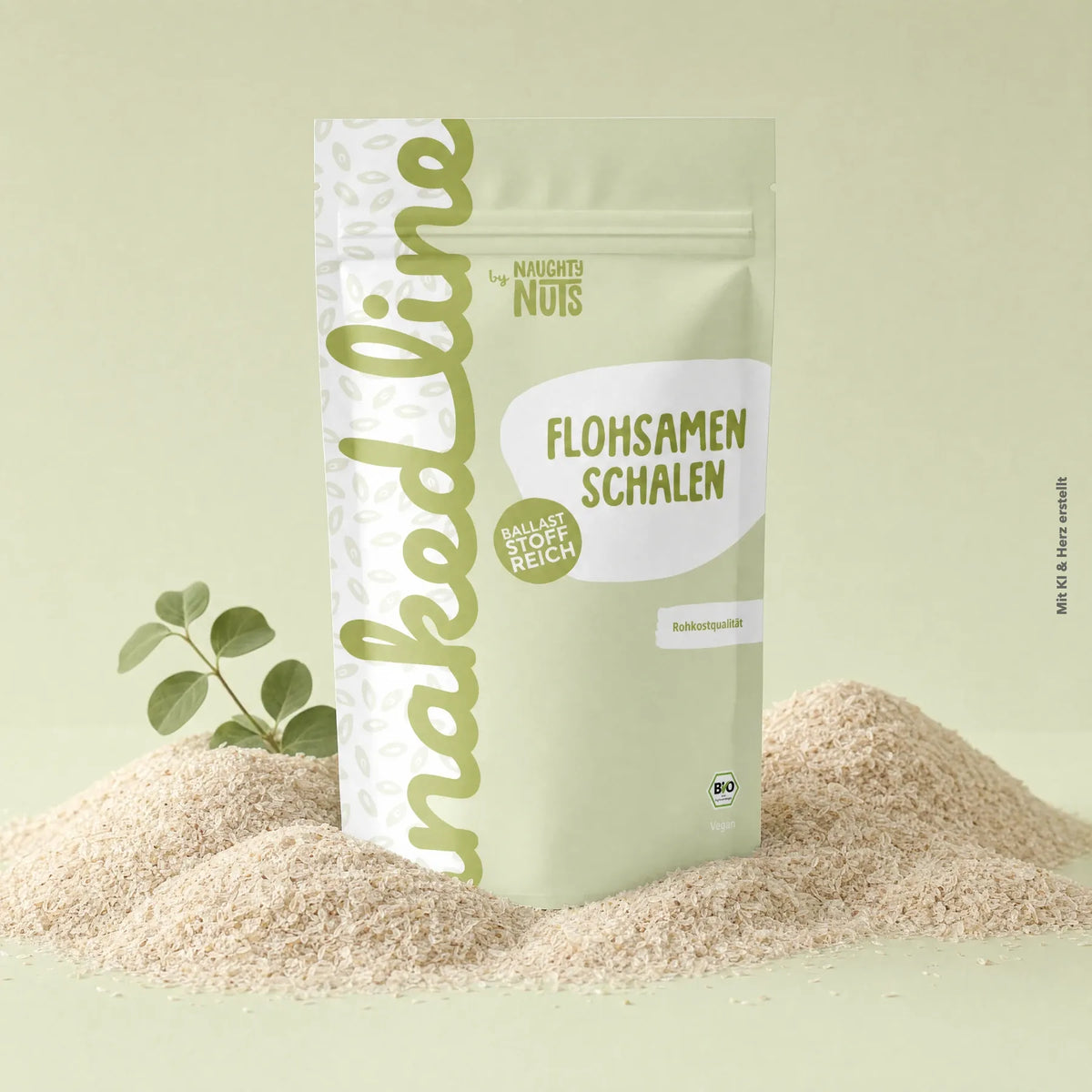 Verpackung mit Flohsamen Schalen umgeben von losen Flohsamenschalen auf hellgrünem Hintergrund