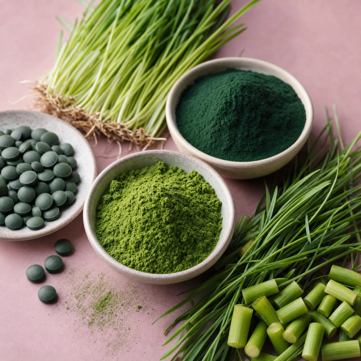 Green Power Mix mit Spirulina Pulver, Weizengras und grünen Tabletten auf rosa Untergrund