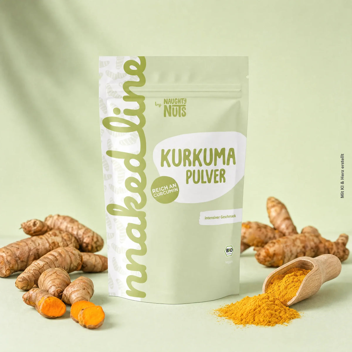 Kurkuma Pulver in einer Standbodenbeutel Verpackung umgeben von frischen Kurkumawurzeln und einer Holzschaufel
