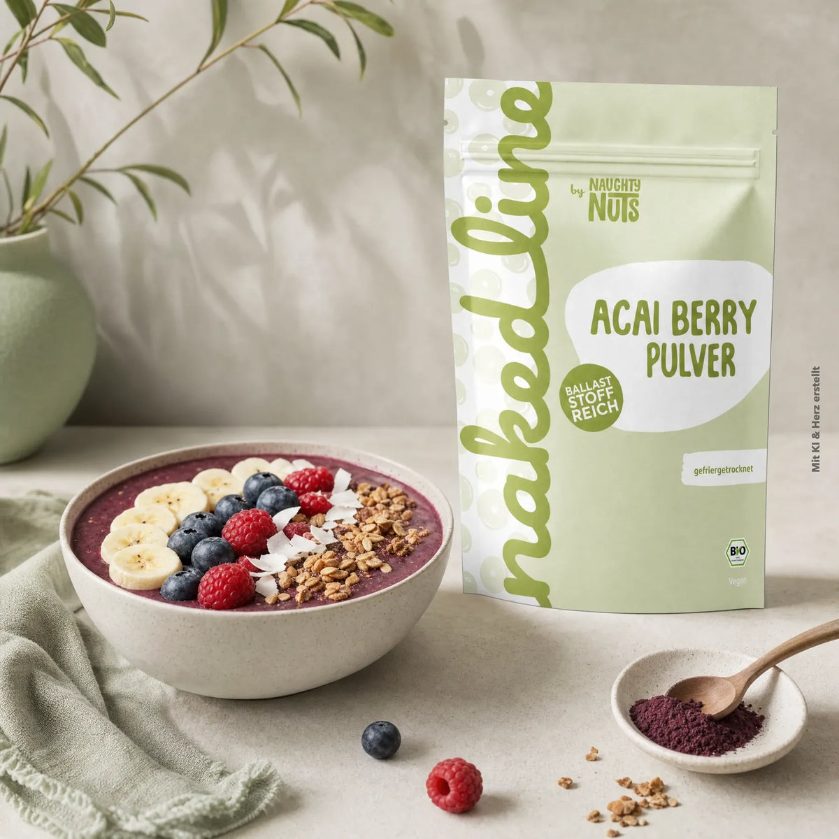 Acai Berry Pulver Verpackung neben einer Smoothie Bowl mit Beeren Bananen und Granola