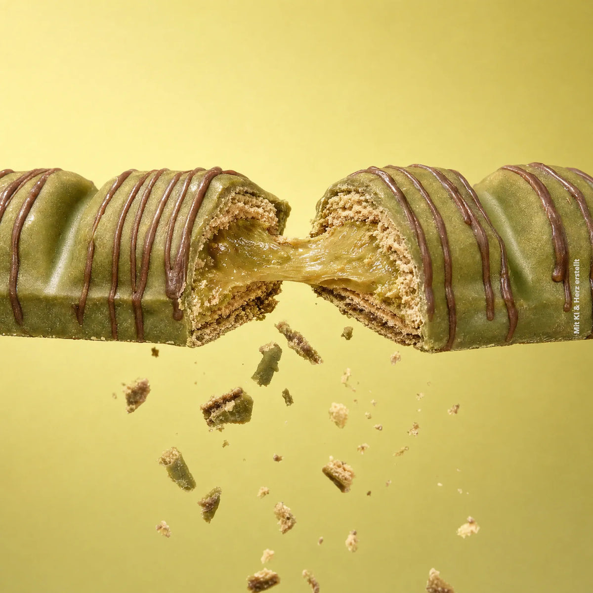 Geteilter Bio Waffelriegel Crispy Pistachio mit flüssiger Pistaziencremefüllung und herabfallenden Krümeln