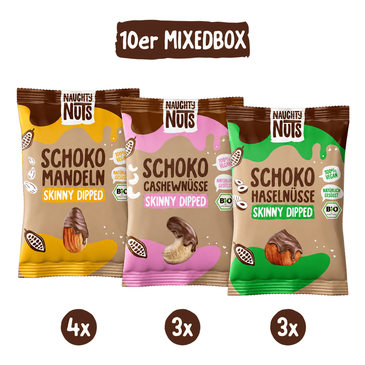 Bio Mixed Box Schoko-Nüsse – 10er Box mit Mandeln, Cashews und Haselnüssen, freigestellt