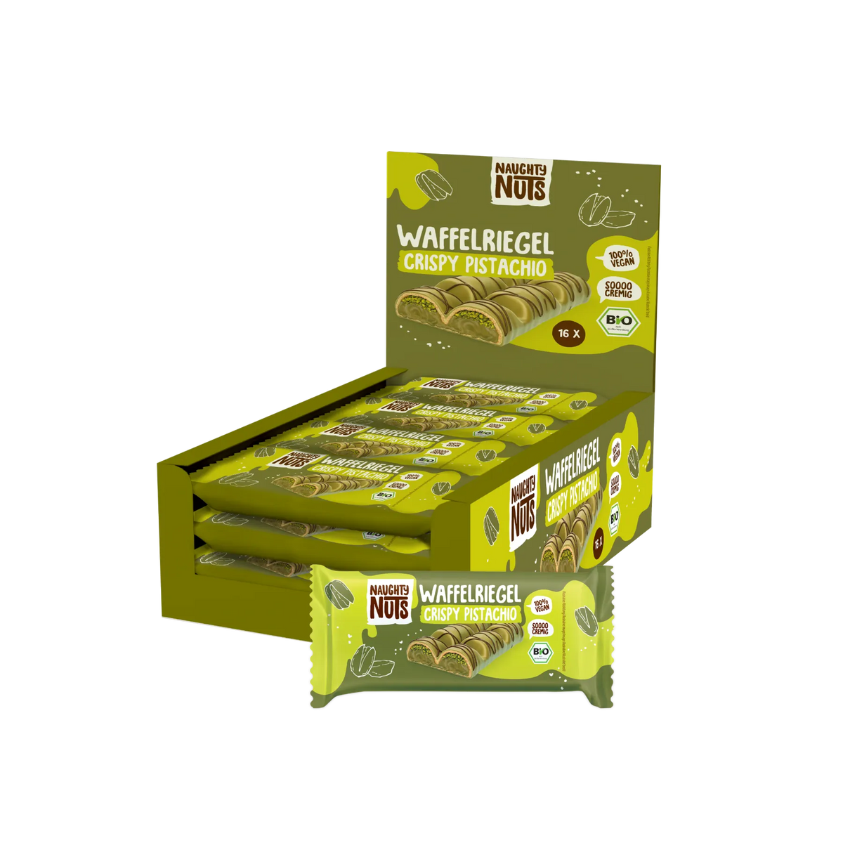 Verkaufsdisplay mit 16 Bio Waffelriegeln Crispy Pistachio von Naughty Nuts
