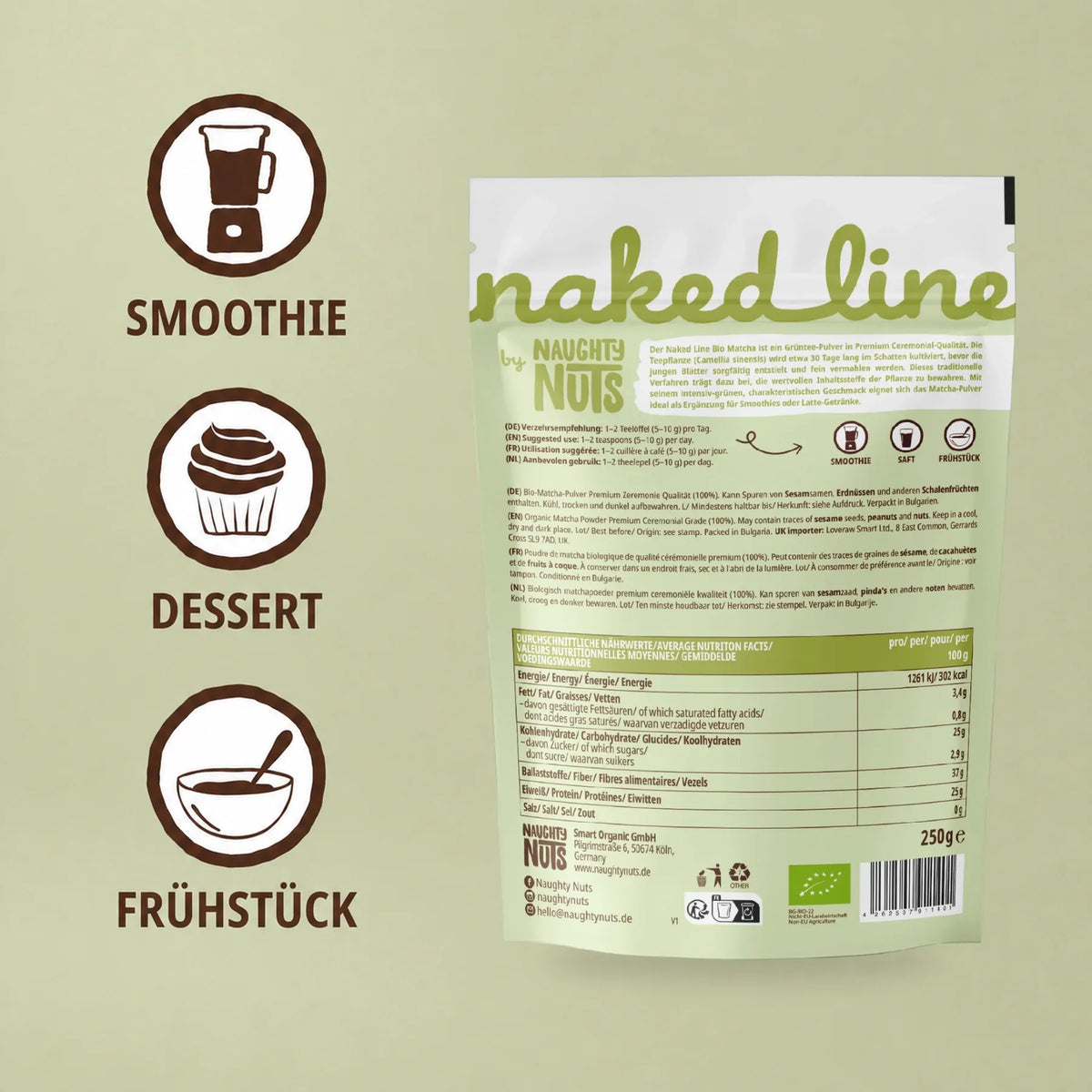 Rückseite der Matcha Pulver Verpackung mit Nährwerttabelle und Anwendungshinweisen